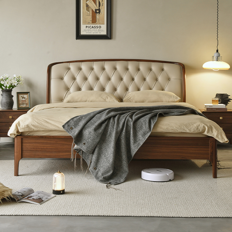 北美黑胡桃木实木床1.8米真皮软包双人大床主卧现代简约婚床