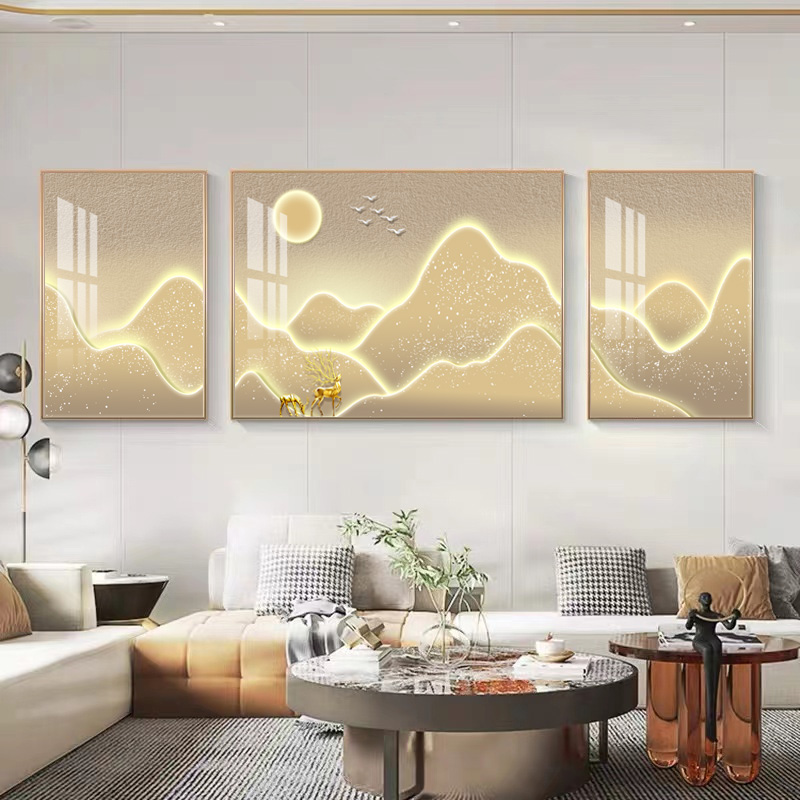 装饰画日照金山手工晶瓷画简约沙发三联挂画客厅背景墙S402-1