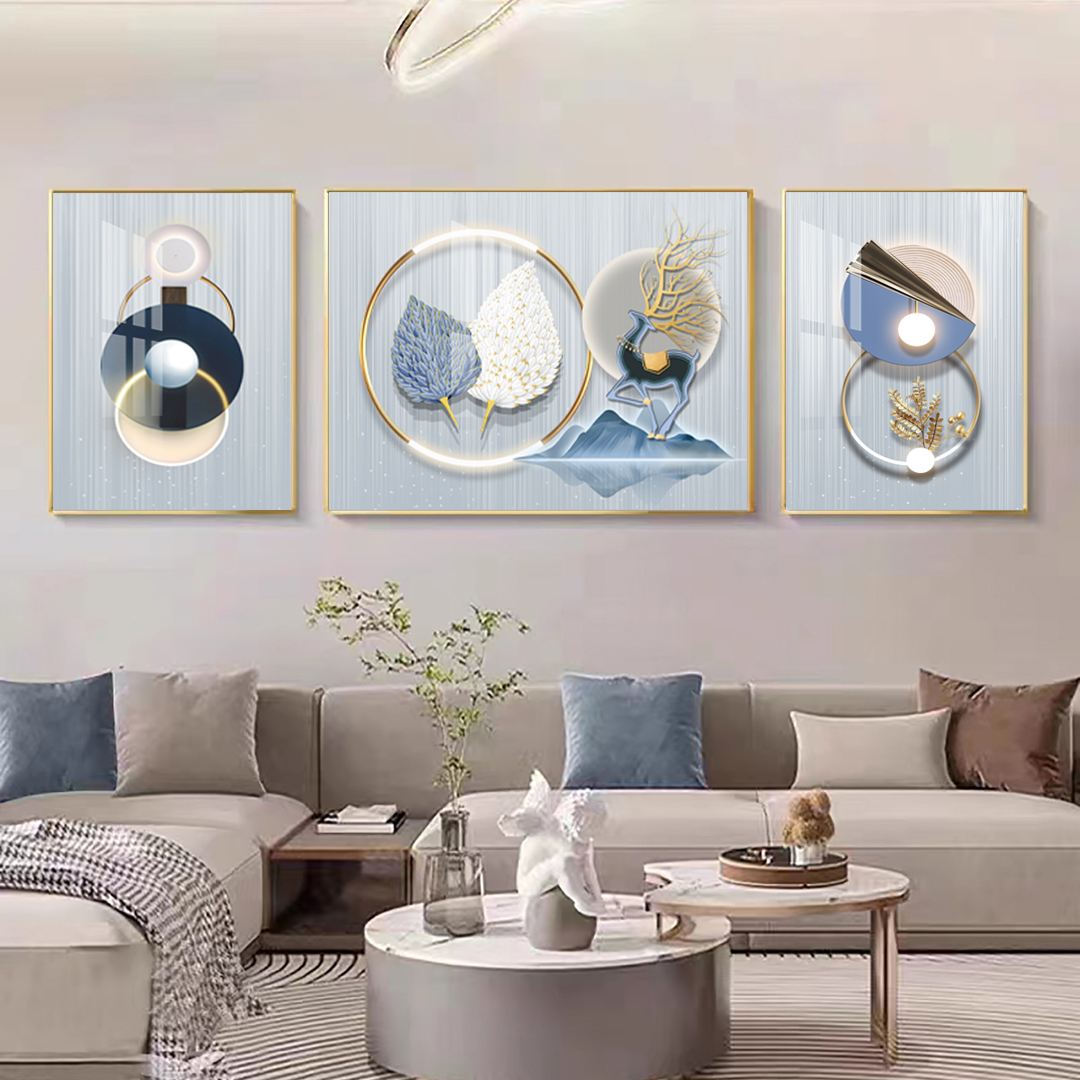客厅装饰画手工立体画轻奢羽毛晶瓷画三联挂画背景墙沙发SLH-7158
