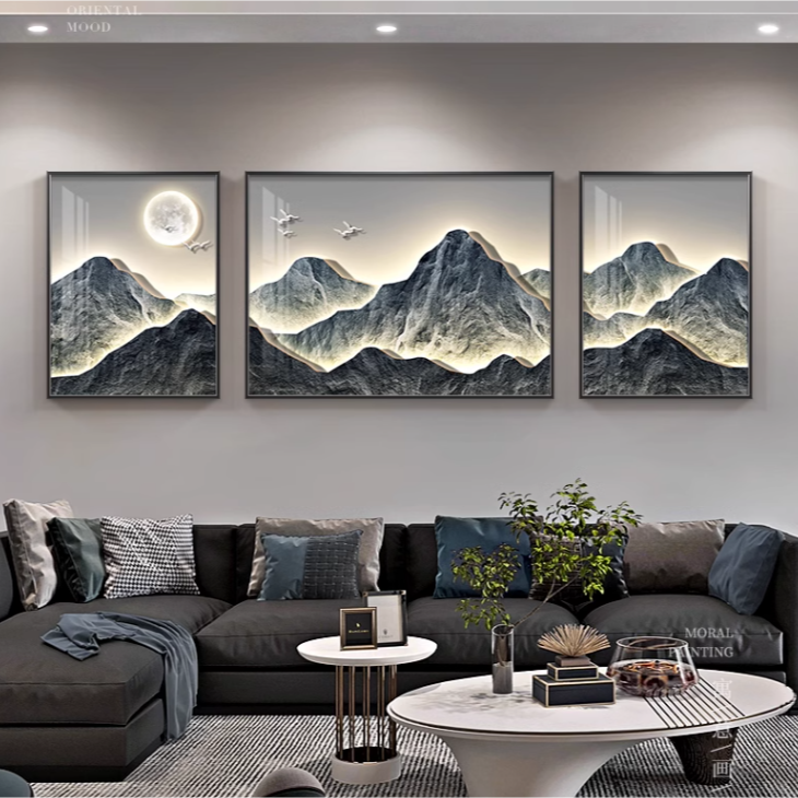 现代中式风客厅装饰画写实山水画沙发背景墙三联晶瓷挂画S-394-8