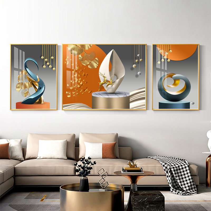 小鹿银杏叶沙发墙三联抽象图形晶瓷画客厅背景墙挂画装饰画S187-4