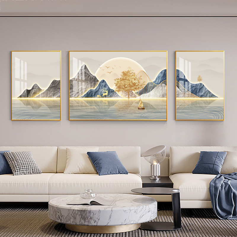 现代晶瓷装饰画高级感客厅手工简约墙壁山水画挂画三联画S393-1