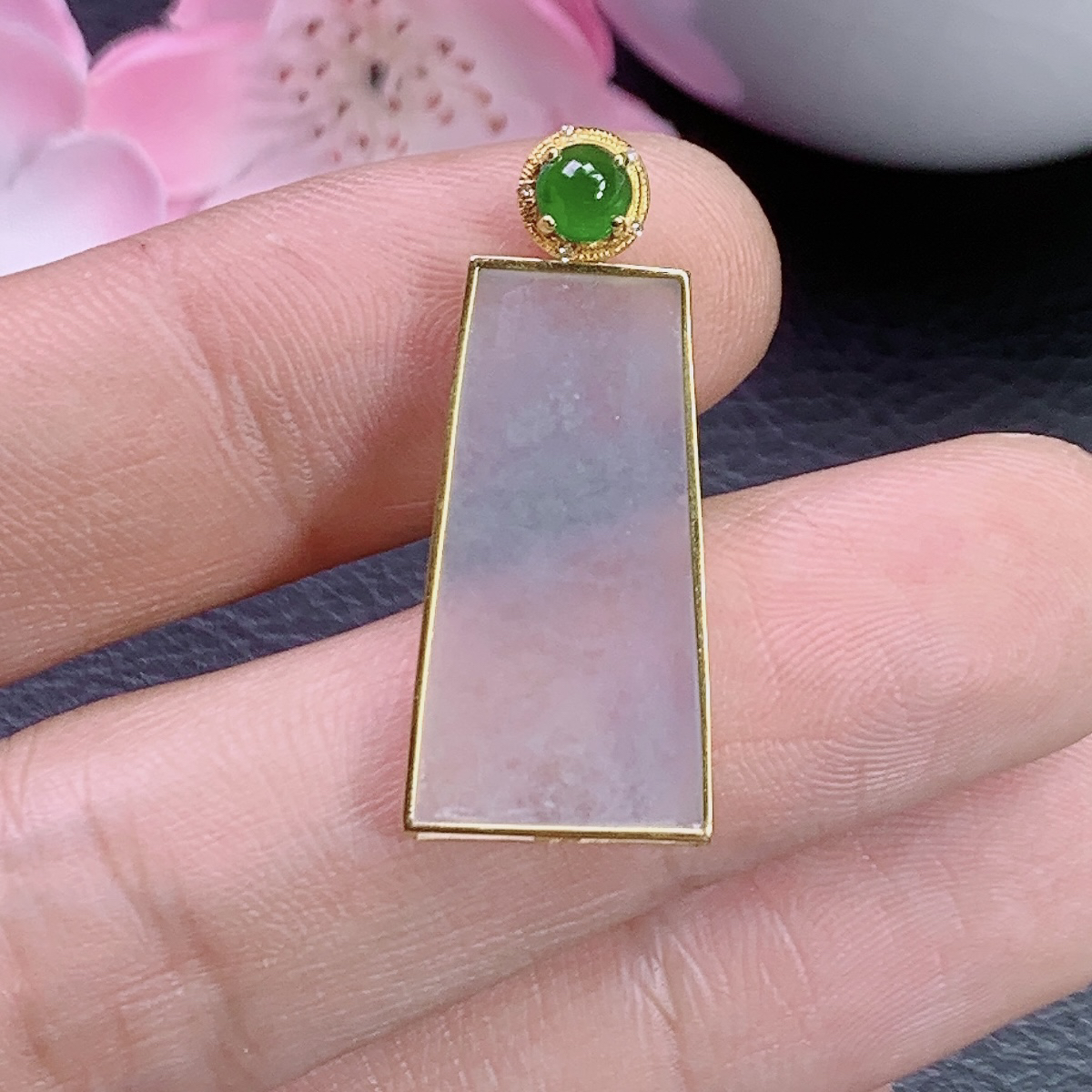 天然翡翠 A货18k金镶嵌冰种平安无事牌百搭素面牌挂件吊坠女款