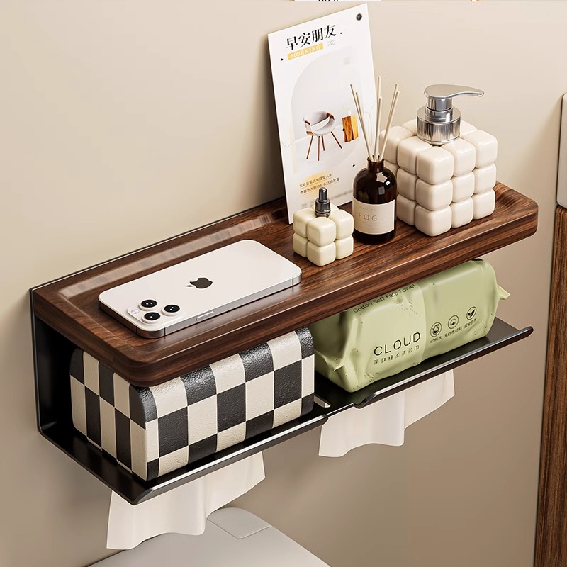胡桃木卫生间置物架免打孔浴室厕所纸巾盒洗漱台上洗脸巾收纳架子