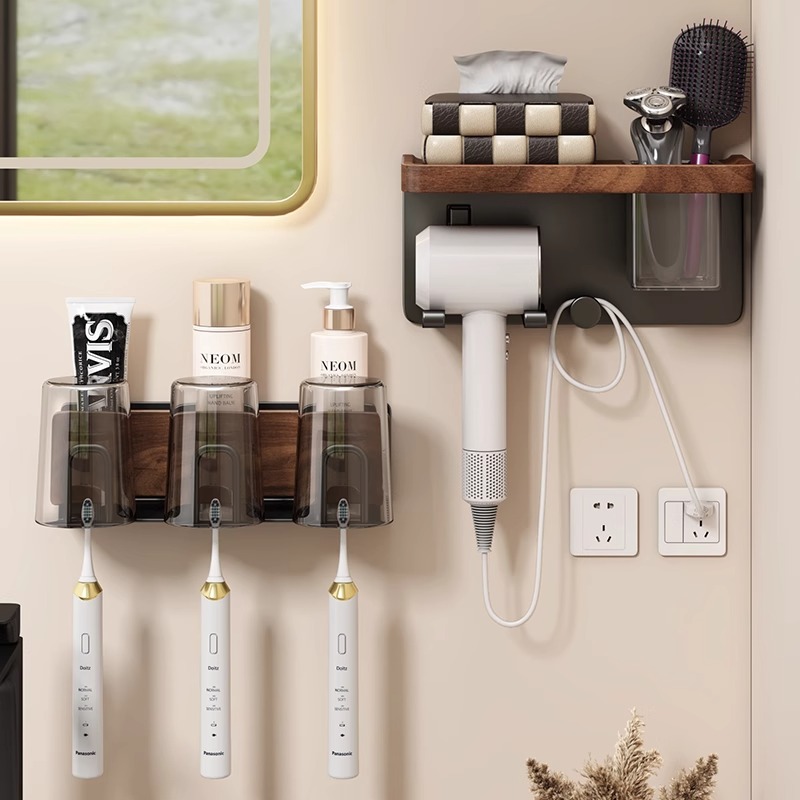 胡桃木牙刷架子置物架免打孔电动牙刷支架牙杯壁挂架洗漱口杯挂架