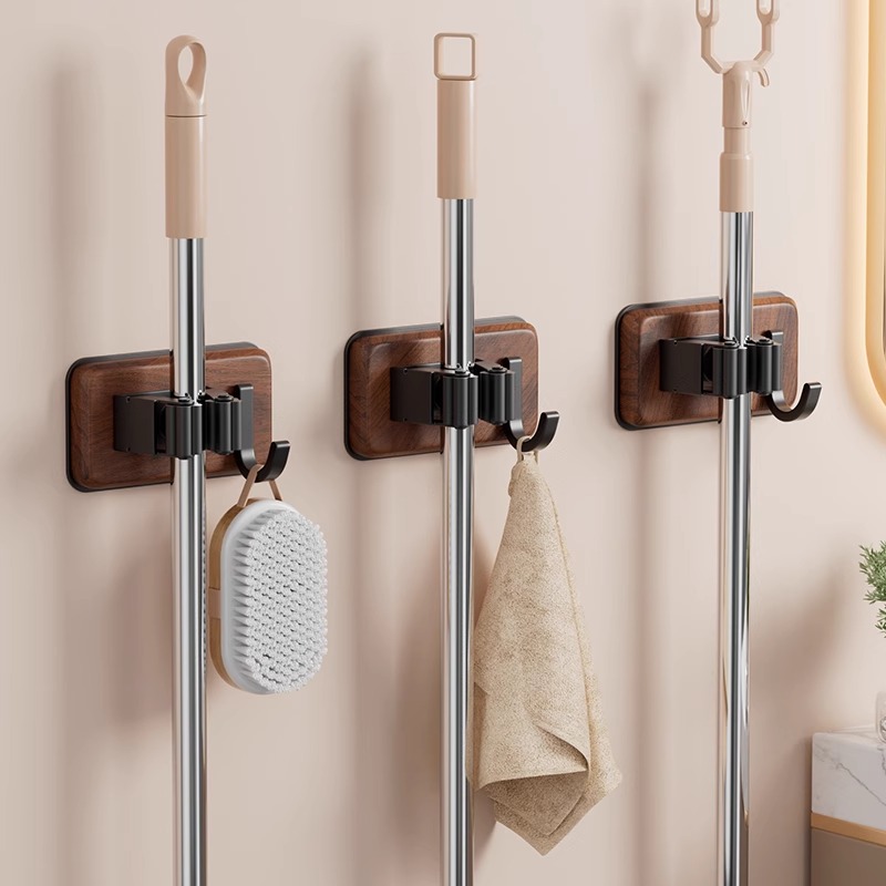 胡桃木拖把壁挂夹抹布挂钩卫生间拖布扫把固定器免打孔贴墙挂架子