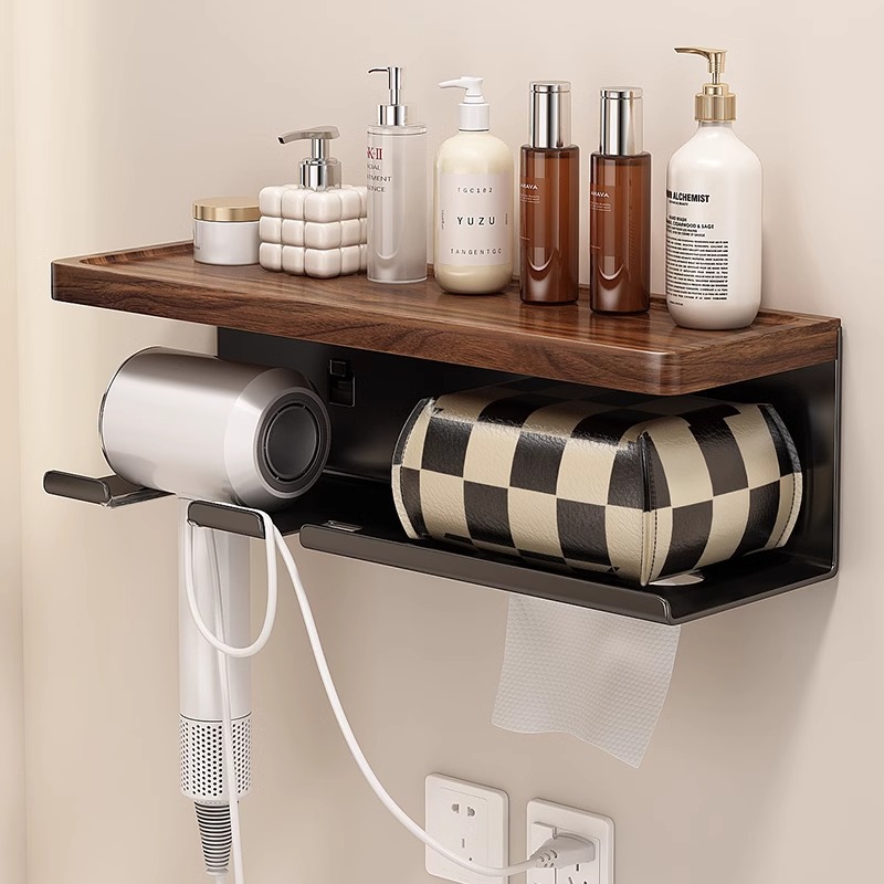 胡桃木卫生间吹风机置物架免打孔厕所洗漱台上方风筒卫生纸收纳架