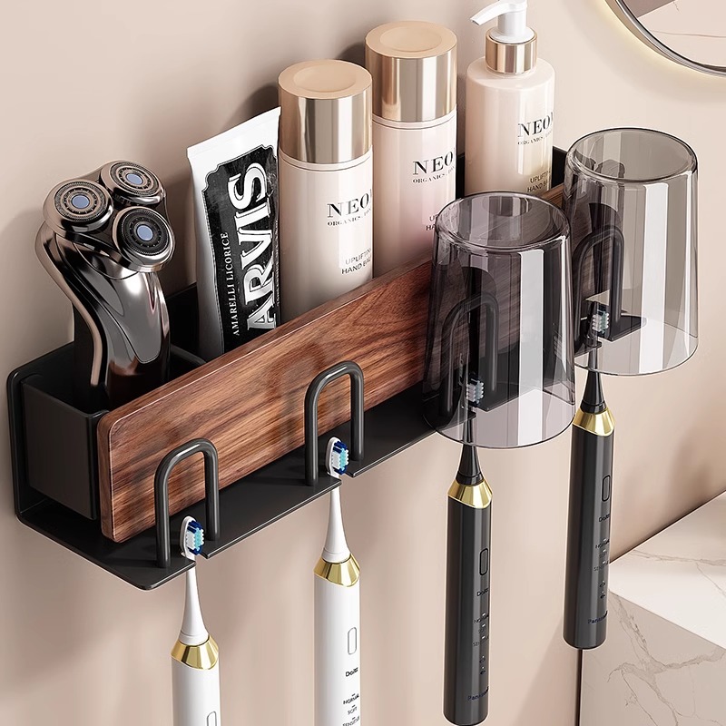 胡桃木牙刷架子置物架免打孔电动牙刷支架牙杯壁挂架洗漱口杯挂架