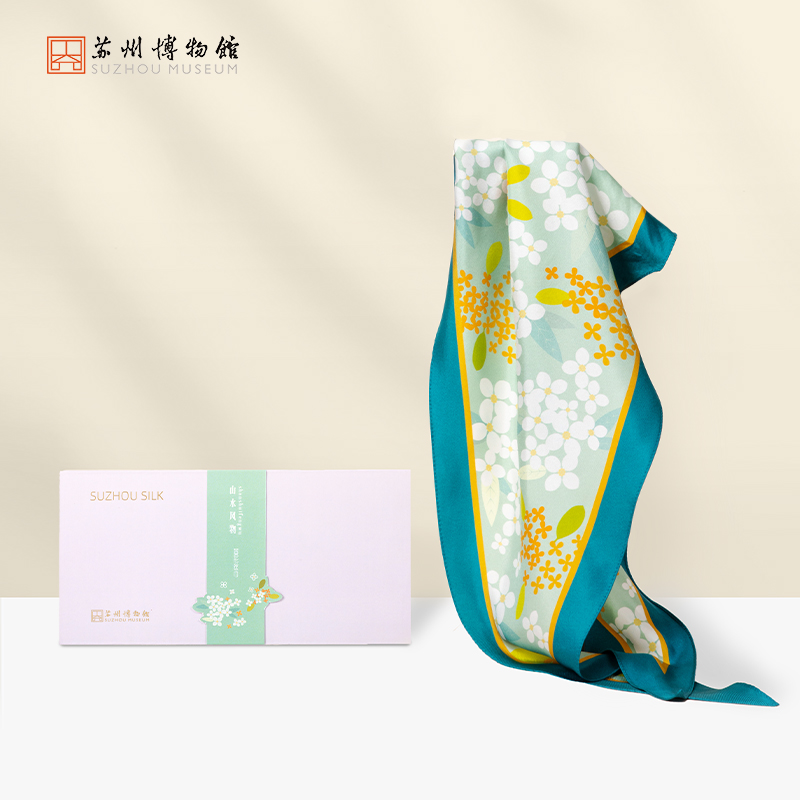 苏州博物馆山水风物丝巾菱形真丝丝巾桑蚕丝丝绸领巾母亲礼物