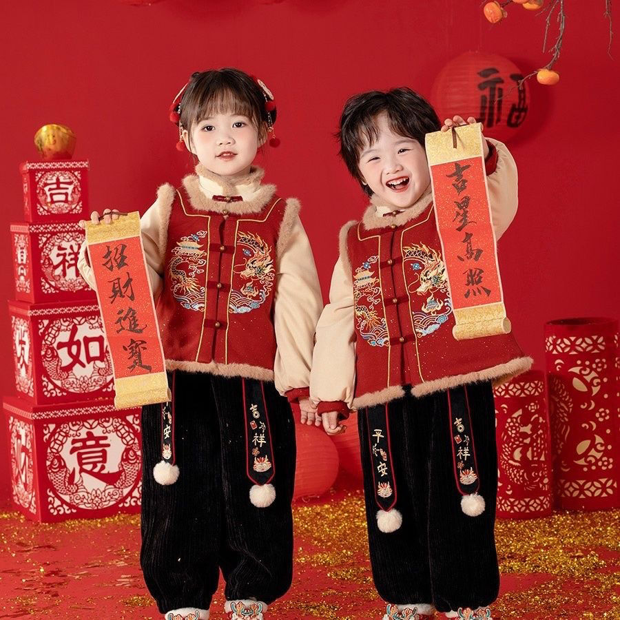 女童汉服儿童冬装宝宝中国套装新款过年龙年喜庆拜年服男宝宝唐装