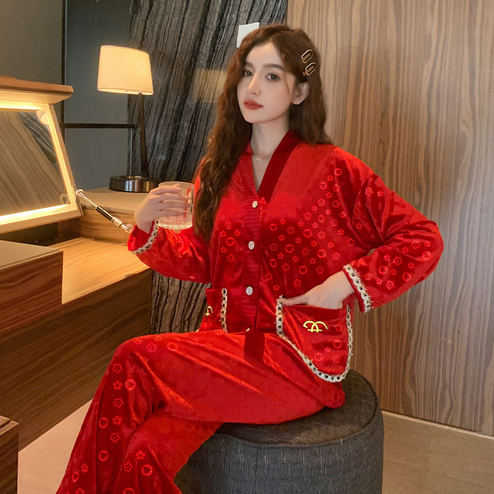 小香风金丝绒睡衣女春秋季长袖套装红色本命年家居服秋冬天可外穿
