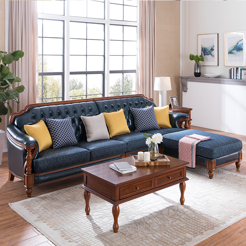 现代简约美式实木家用真皮沙发欧式家具客厅转角沙发三人位