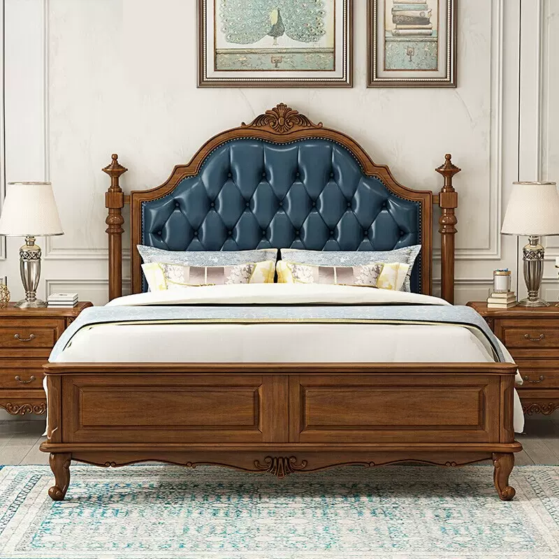 原木床真皮美式1.8米主卧床婚床欧式雕花双人床