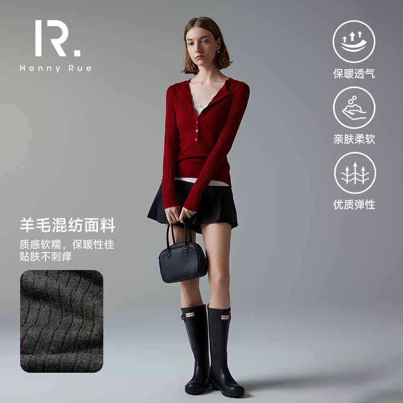 HennyRue韩系扣坑条长袖时尚女士修身显瘦毛衫24307