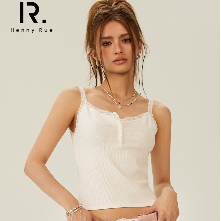 HennyRue亨尼露夏季新款纽扣蕾丝吊带背心显瘦性感薄款23369