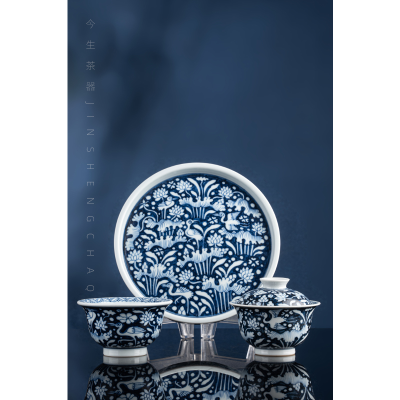 今生造物 元青花一鹭莲科盖碗/壶承/茶杯 哑光枢府釉 手工手绘