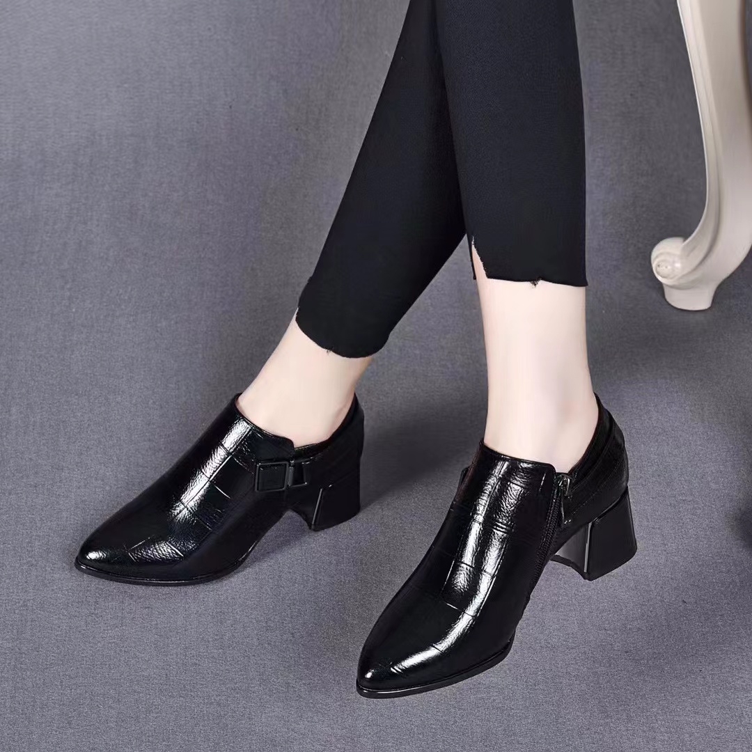 新款深口单鞋7027百搭粗跟尖头秋冬中跟加绒冬季秋季