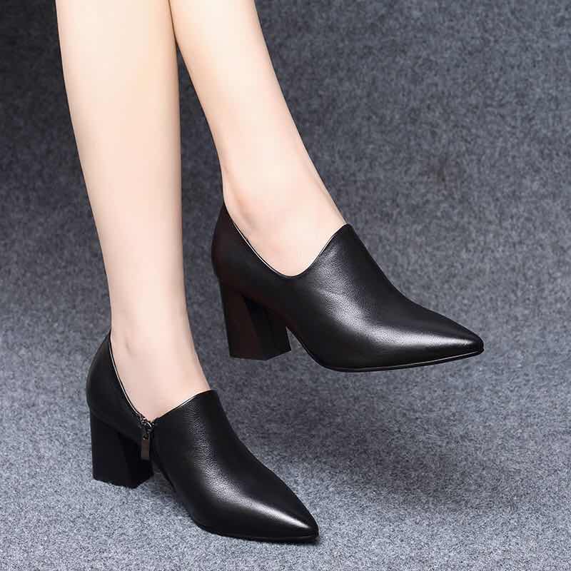 粗跟粗跟小裸靴AL5910单鞋高跟尖头深口皮鞋百搭春秋女士