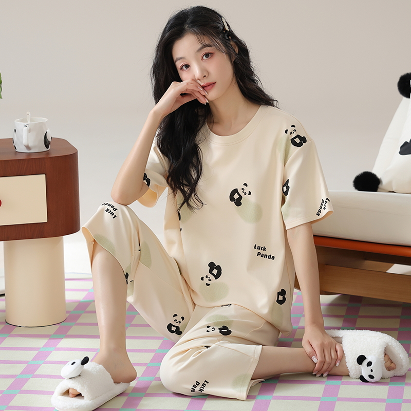 2024年新款夏季纯棉睡衣女士短袖七分裤可外穿春夏休闲宽松家居服