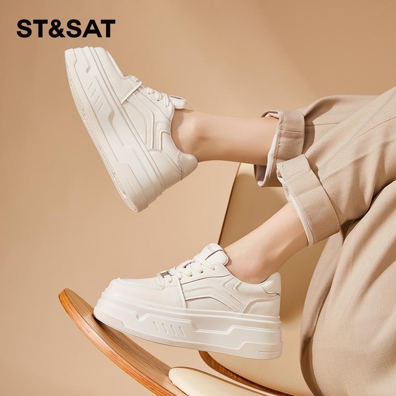 星期六女鞋厚底方头小白鞋女2025新款春季松糕鞋休闲板鞋软底全皮