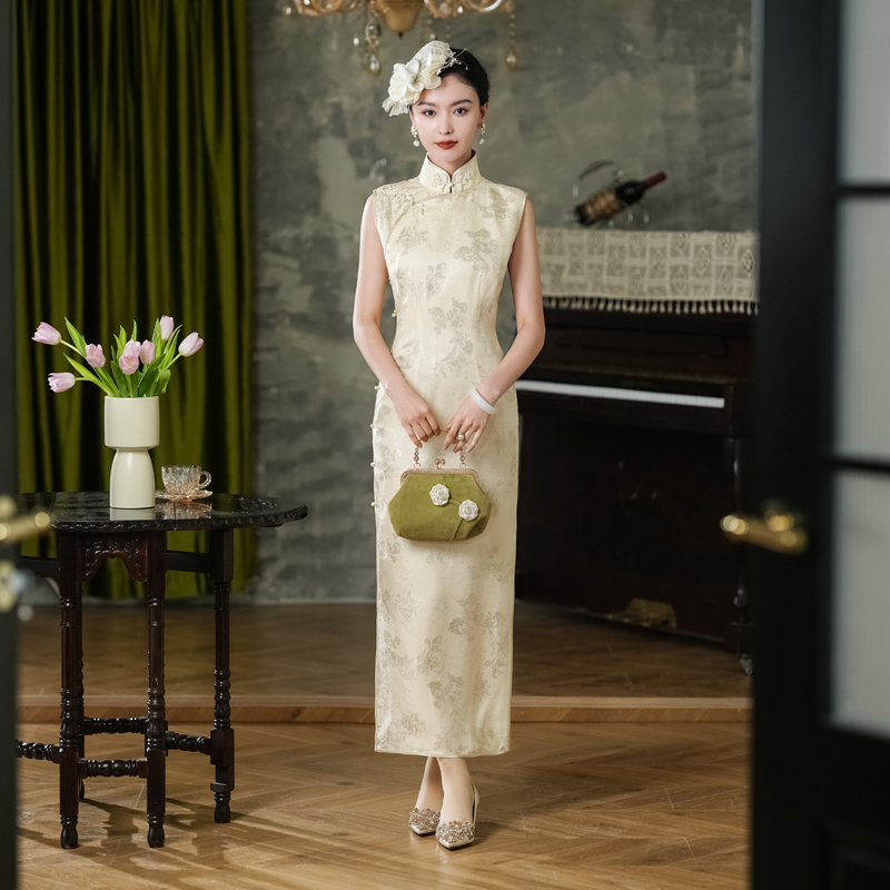 「月白流舒」乐锦坊正宗复古中国风时尚气质短袖手工中式旗袍连衣裙