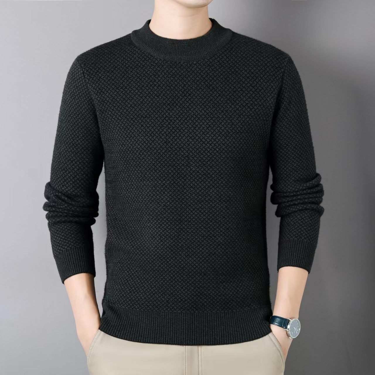 男士冬季新款加绒加厚保暖针织衫