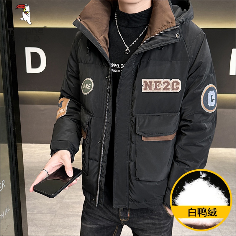 冬季连帽羽绒服男款2023年新款韩版帅气贴标加厚保暖外套潮流上衣
