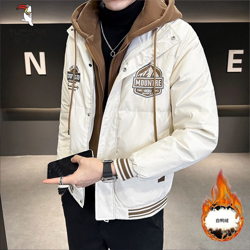 羽绒服男士冬季外套假两件连帽新款休闲帅气轻薄鸭绒衣服加厚冬装