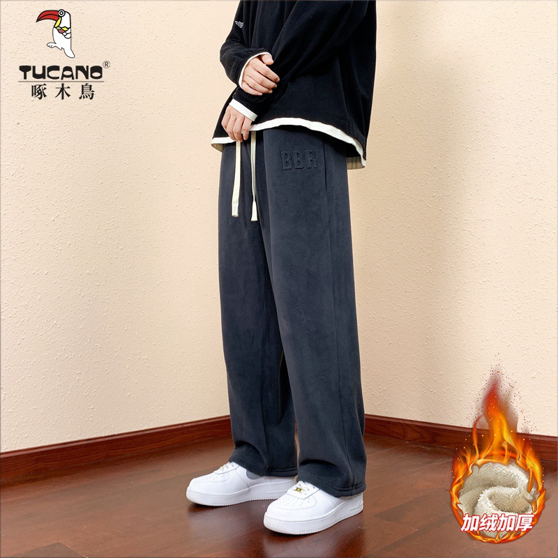 奥粒绒加绒加厚休闲裤子男士冬季重磅保暖卫裤青少年直筒运动长裤