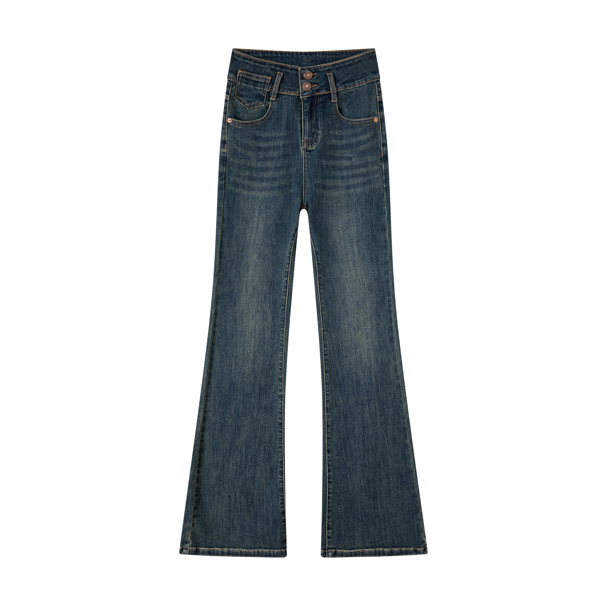 212秋季新款高腰双排扣微喇牛仔裤女显瘦蜜桃臀垂顺弹力长裤