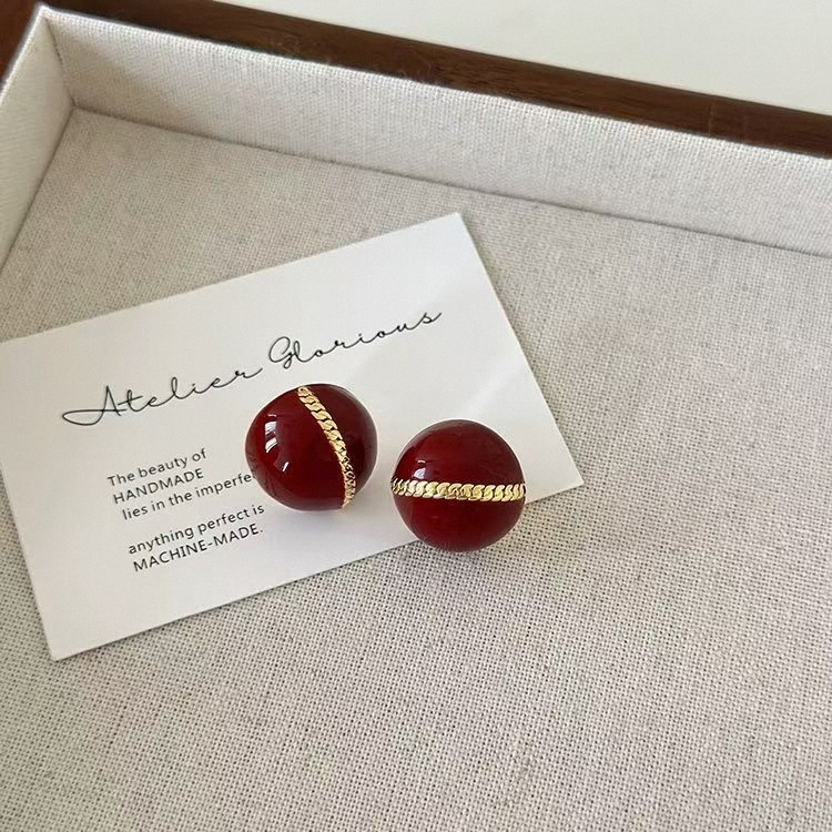 铜合金耳饰 金色纹理酒红半圆豆豆女新款小众独特耳钉  A403