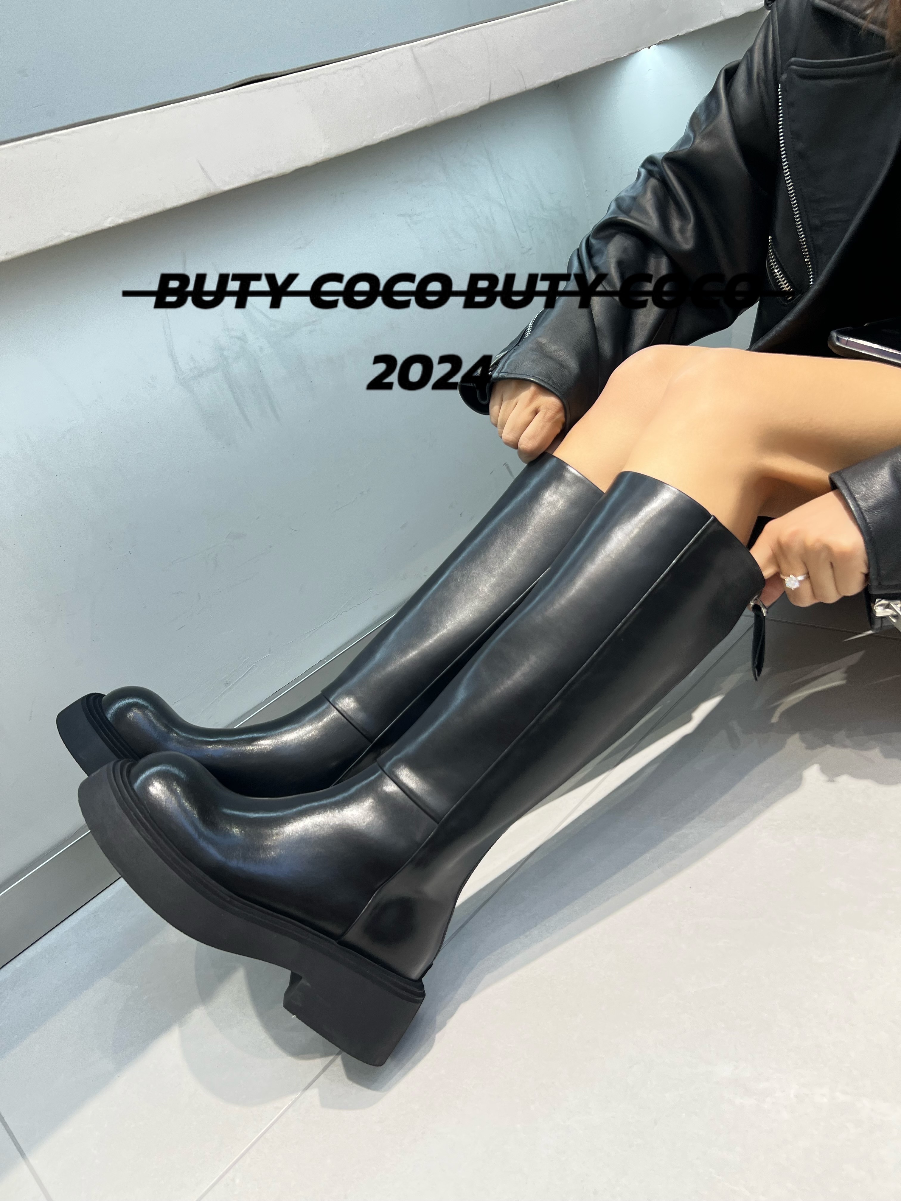 2025冬季新款牛皮长靴欧货厚底高靴后拉链皮条骑士显瘦女靴2725-1
