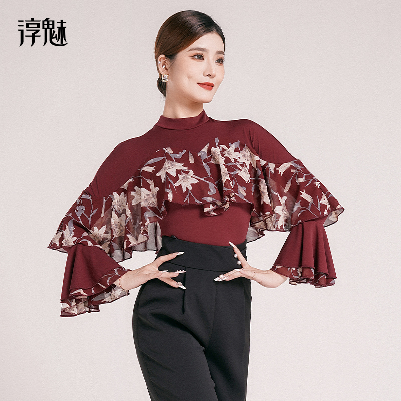 扉姿 摩登舞上衣女吉特巴印花舞衣广场舞服喇叭袖跳舞分体衣M1019
