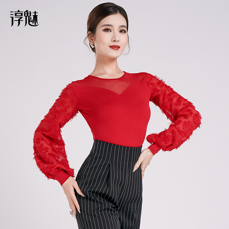 摩登舞服女吉特巴长袖拉丁舞练功服红色圆领跳舞上衣M1052