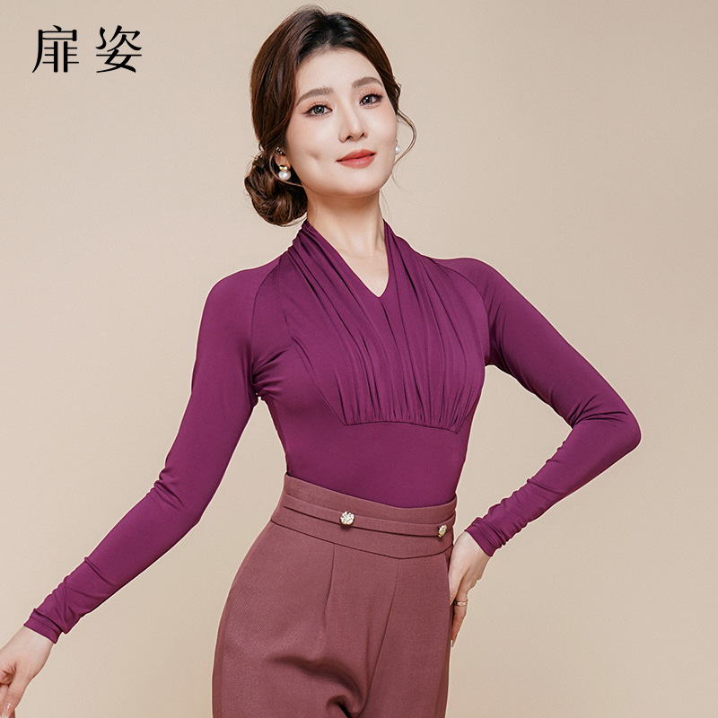扉姿 摩登舞服女秋冬交谊舞连体衣长袖舞蹈v领上衣F1212运动玩咖