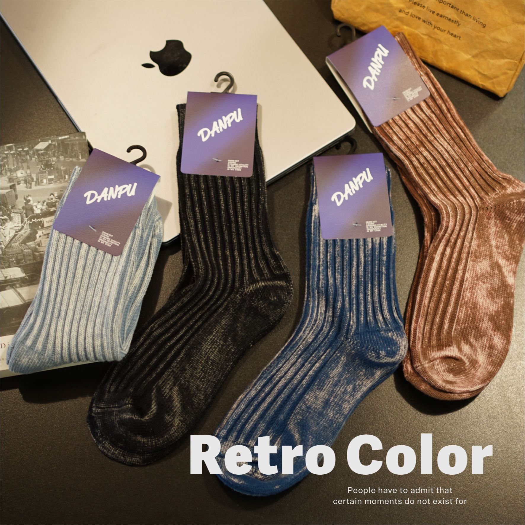 扎染粗线袜针织袜复古毛线袜子棉袜男袜中筒袜潮秋冬新款棉袜男生