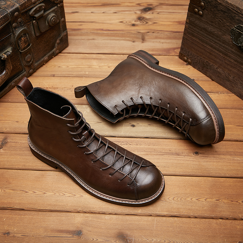 复古马丁靴英伦风短脸工装靴秋冬男士新款高帮系带靴子透气牛皮