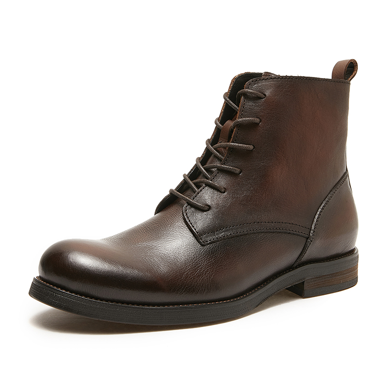 时尚休闲马丁靴复古英伦风秋冬新款头层牛皮男士靴子圆头高帮系带