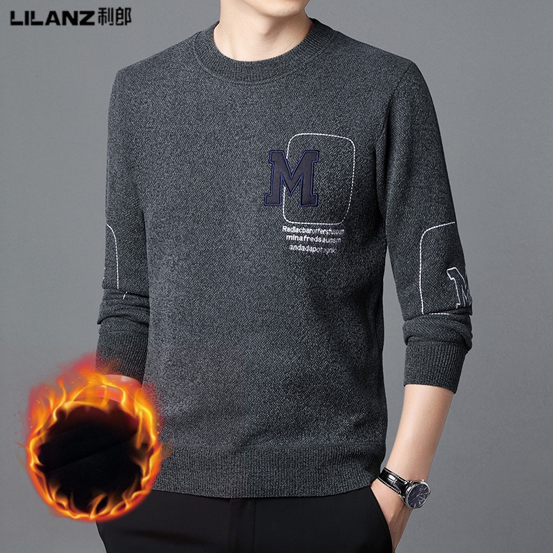 特价断码利郎水貂绒男针织衫毛衣男冬季加绒加厚毛衣打底衫圆领卫