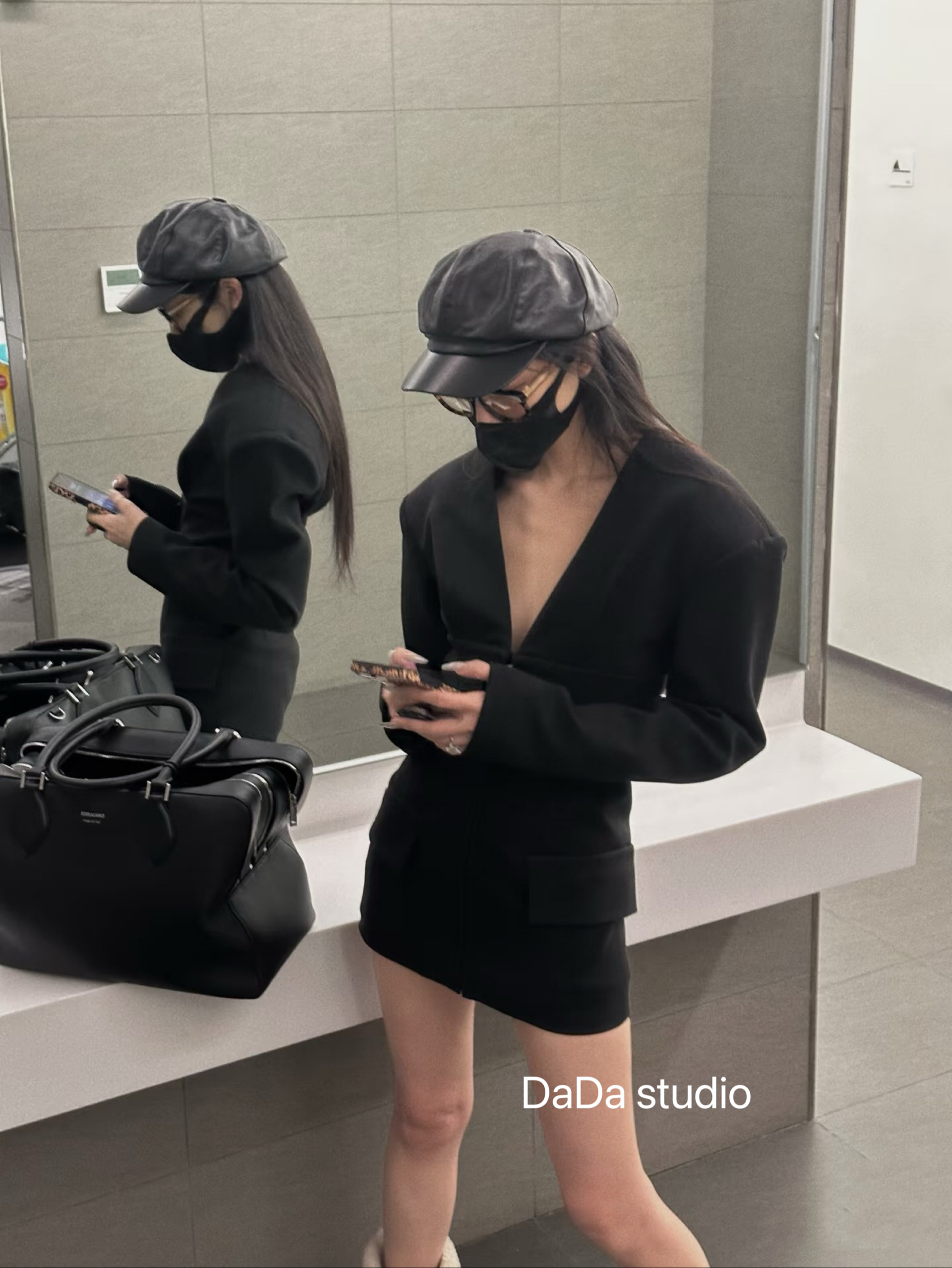 No退No换DADA 黑色易梦玲同款宽肩v领呢子连衣裙9209