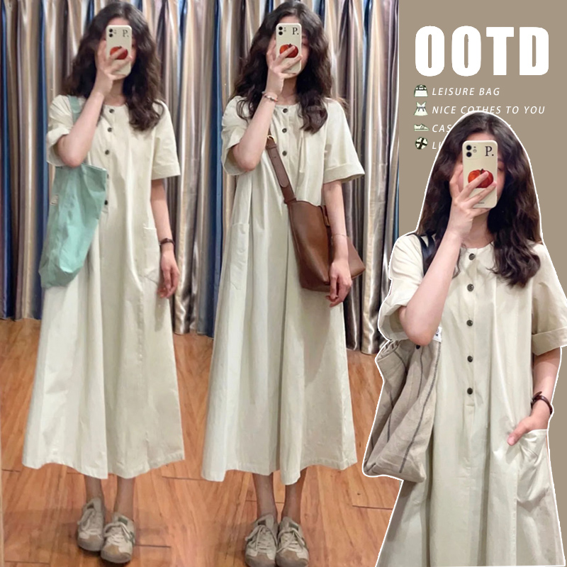 孕妇装夏季新款时尚裙宽松休闲显瘦气质慵懒风舒适简约口袋连衣裙