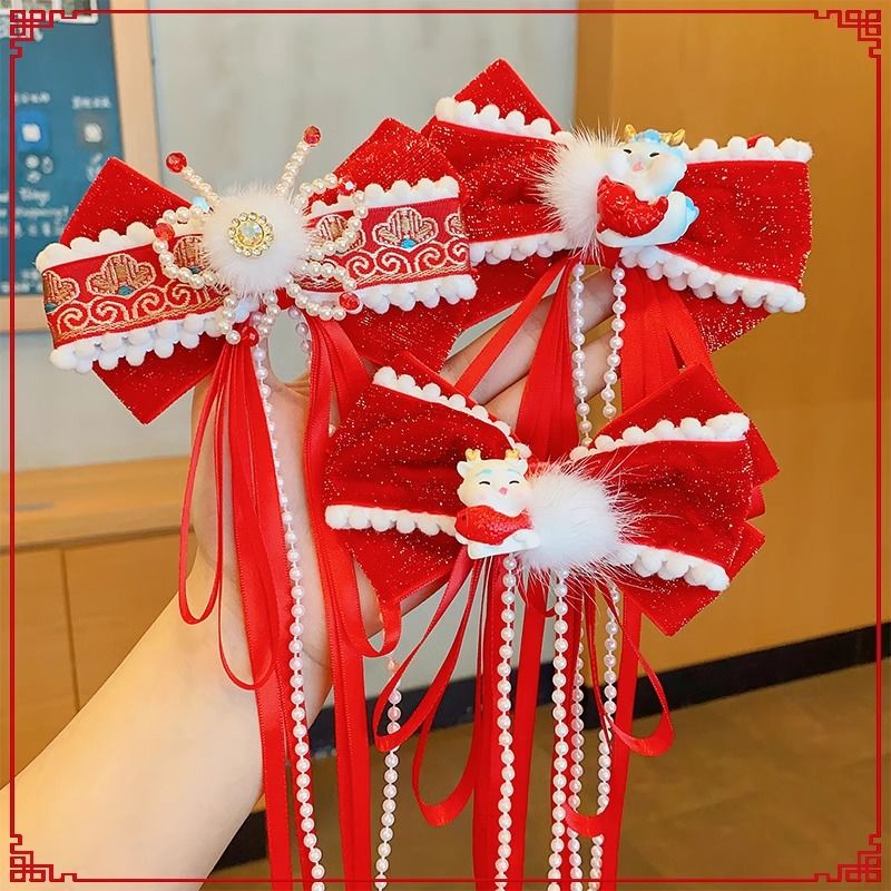 儿童新年蝴蝶结飘带发夹小女孩公主过年超仙古风流苏发卡龙年头饰
