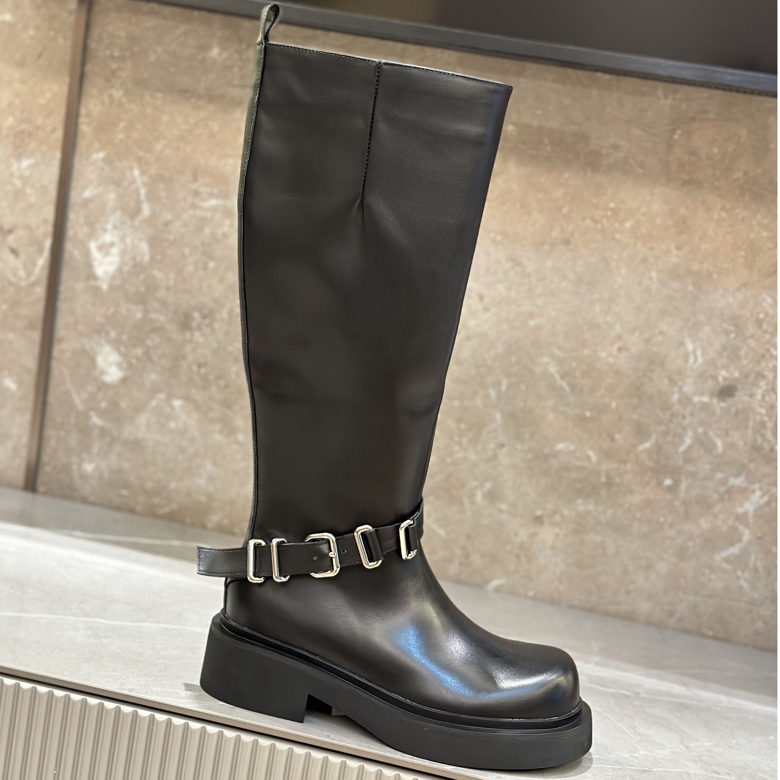 7513-18真皮长筒靴女2025新款厚底不过膝显瘦高筒骑士靴