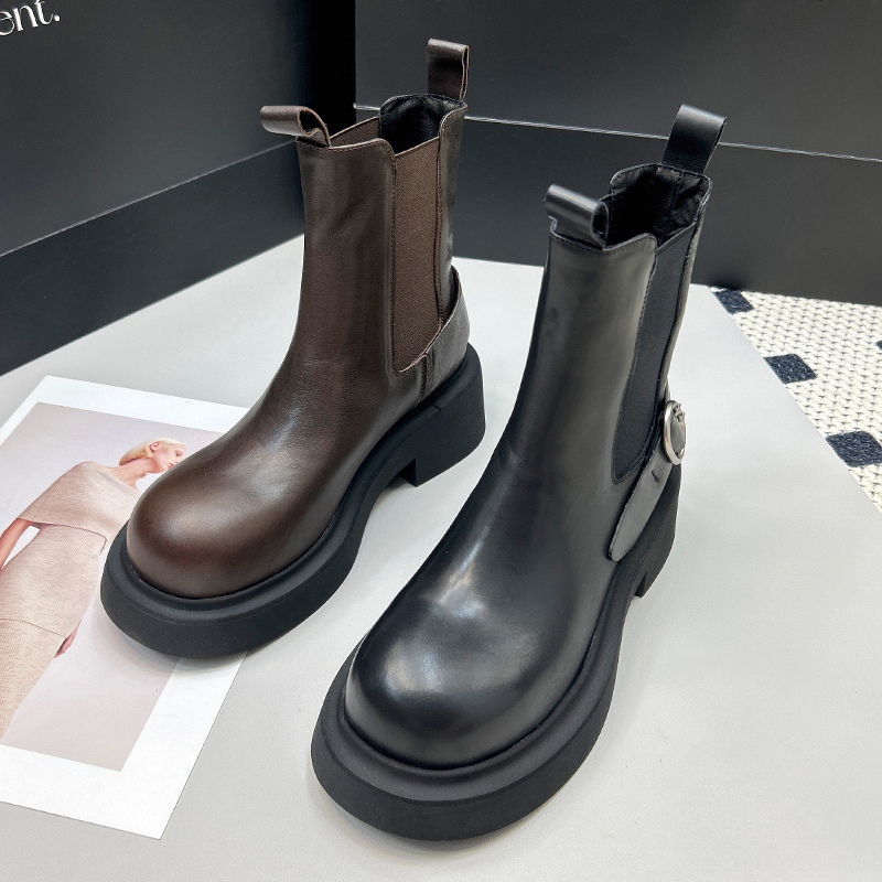 613-2切尔西短靴女厚底增高2025新款真皮显瘦烟筒靴粗跟马丁靴