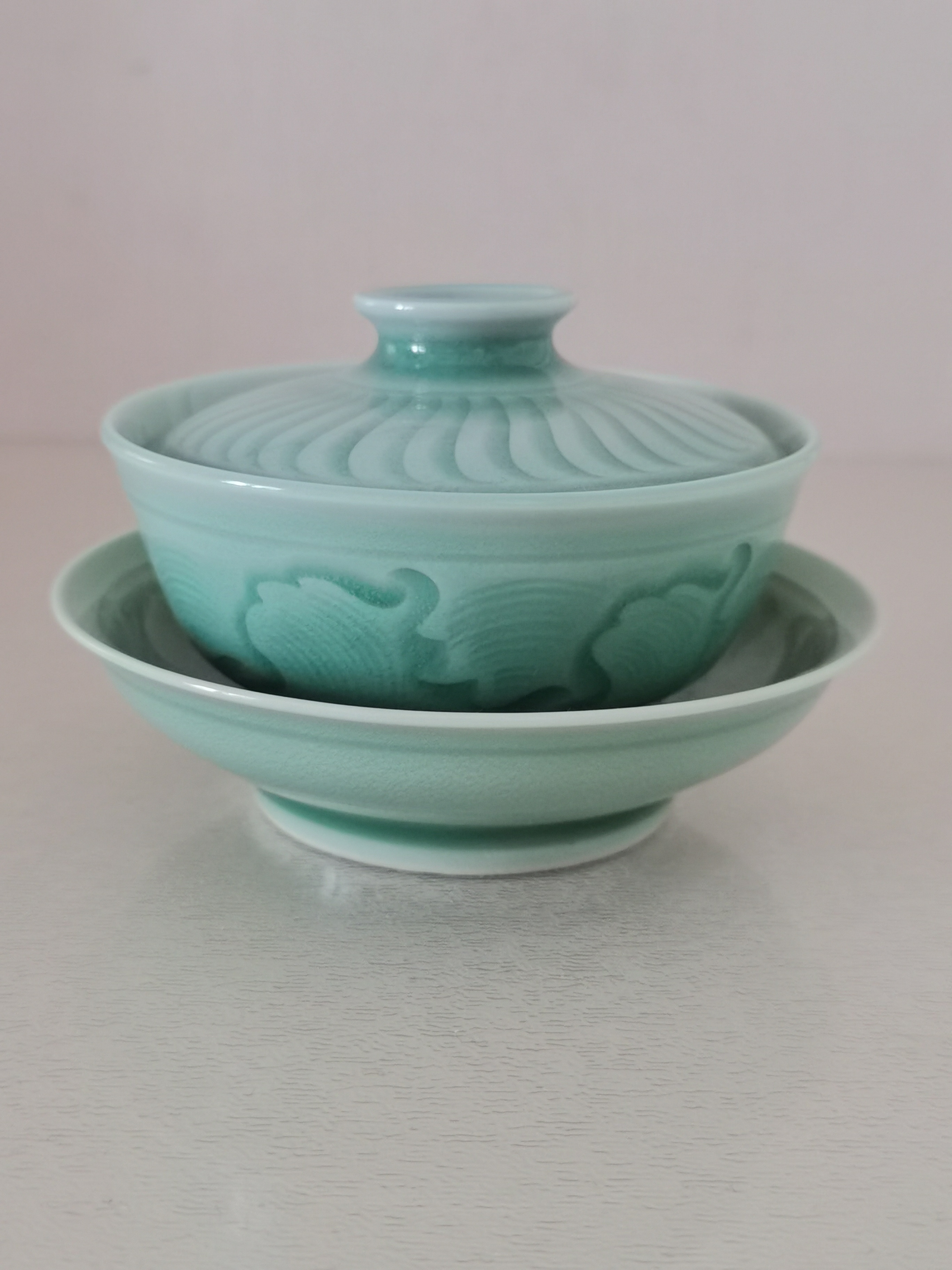 耀州窑鲜碧釉全手工三才盖碗天青陶瓷纯手工花纹青瓷色釉茶道