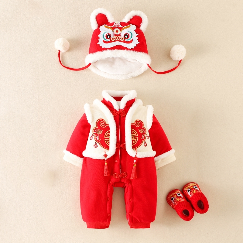 婴儿衣服冬装夹棉连体衣过新年抱衣宝宝爬服抓周岁礼服喜庆拜年服
