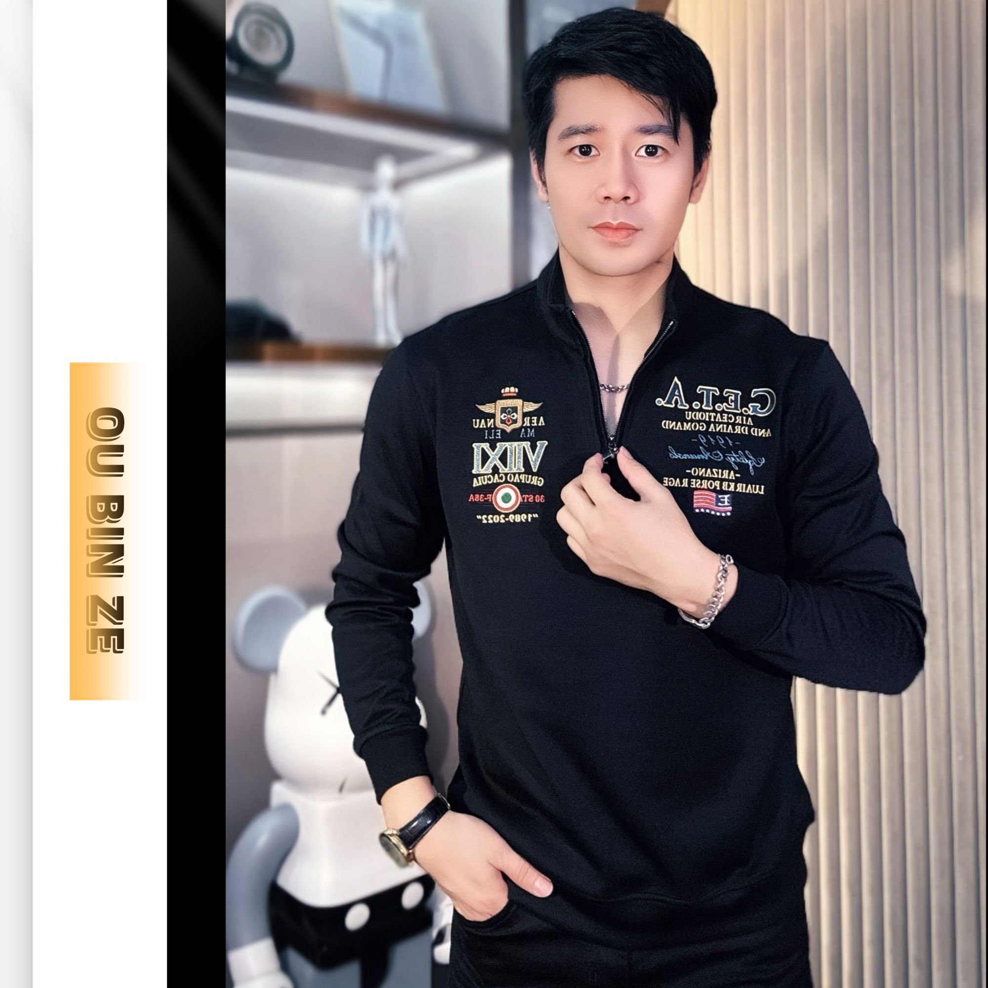  欧彬泽【凡尔赛】男士秋季新款翻领高领半拉链长袖卫衣3538