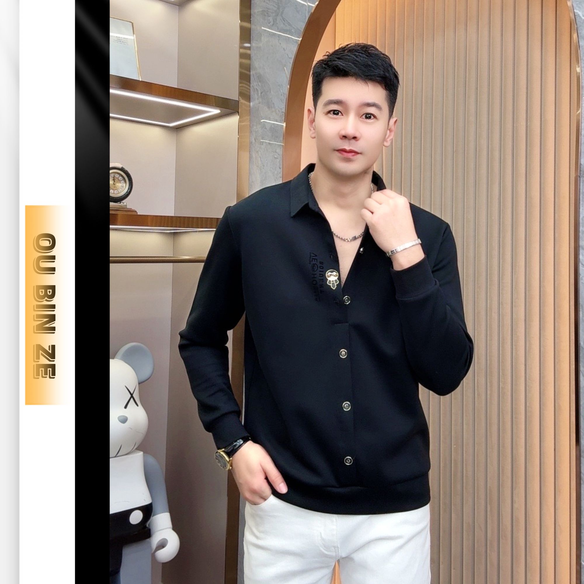 欧彬泽【公子哥】长袖衬衫翻领秋冬男装T恤时尚修身商务轻奢M5121