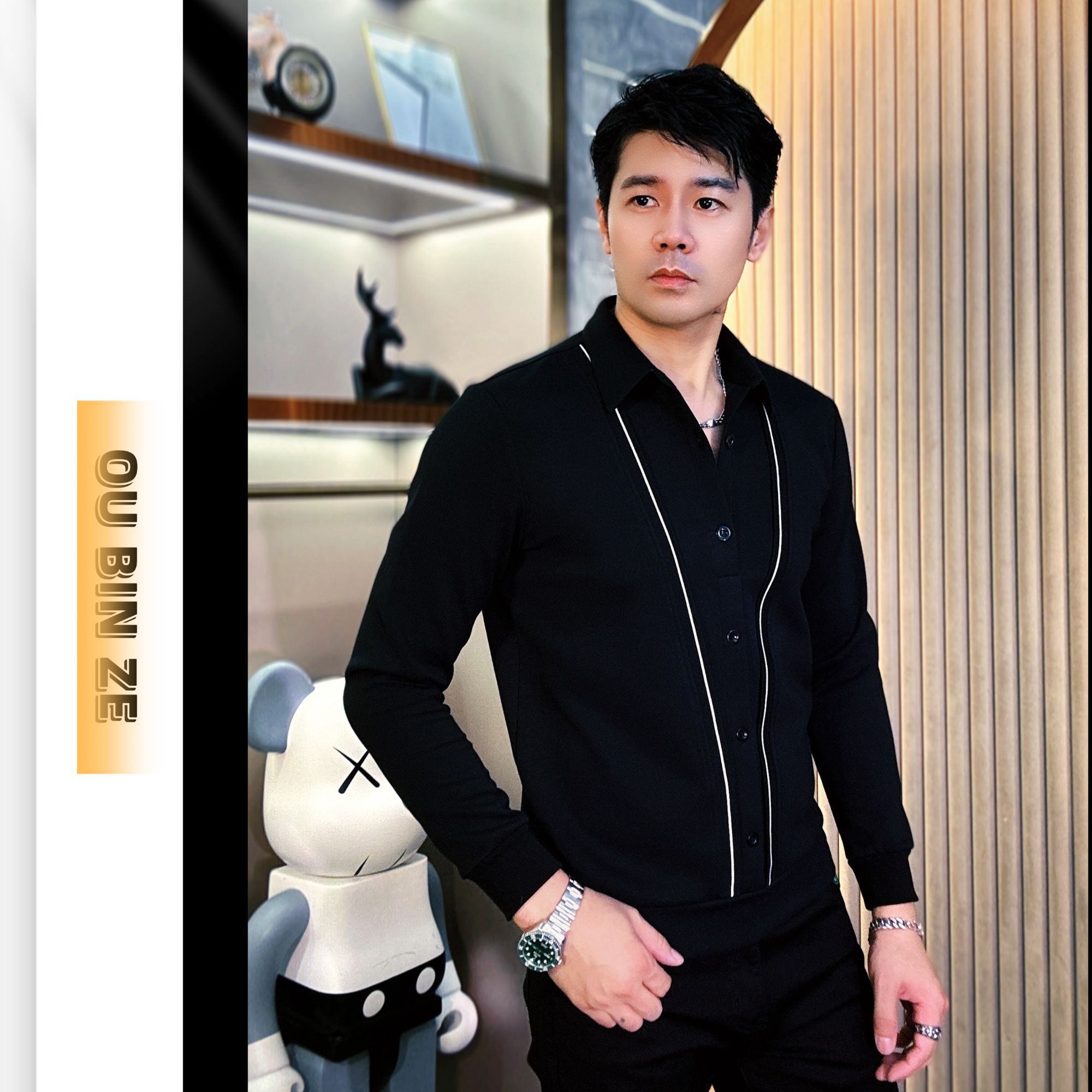 新 欧彬泽【黑武士】长袖衬衫假两件秋冬百搭男装修身商务潮流5078