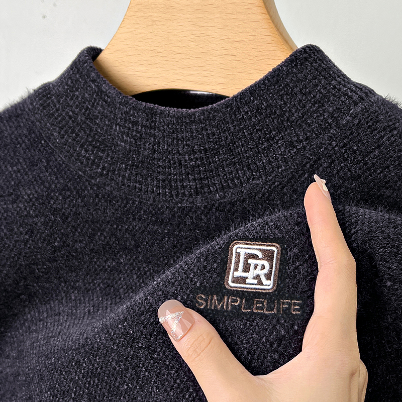 一体绒毛衣男冬季保暖半高领休闲宽松加绒加厚刺绣男卫衣打底衫潮